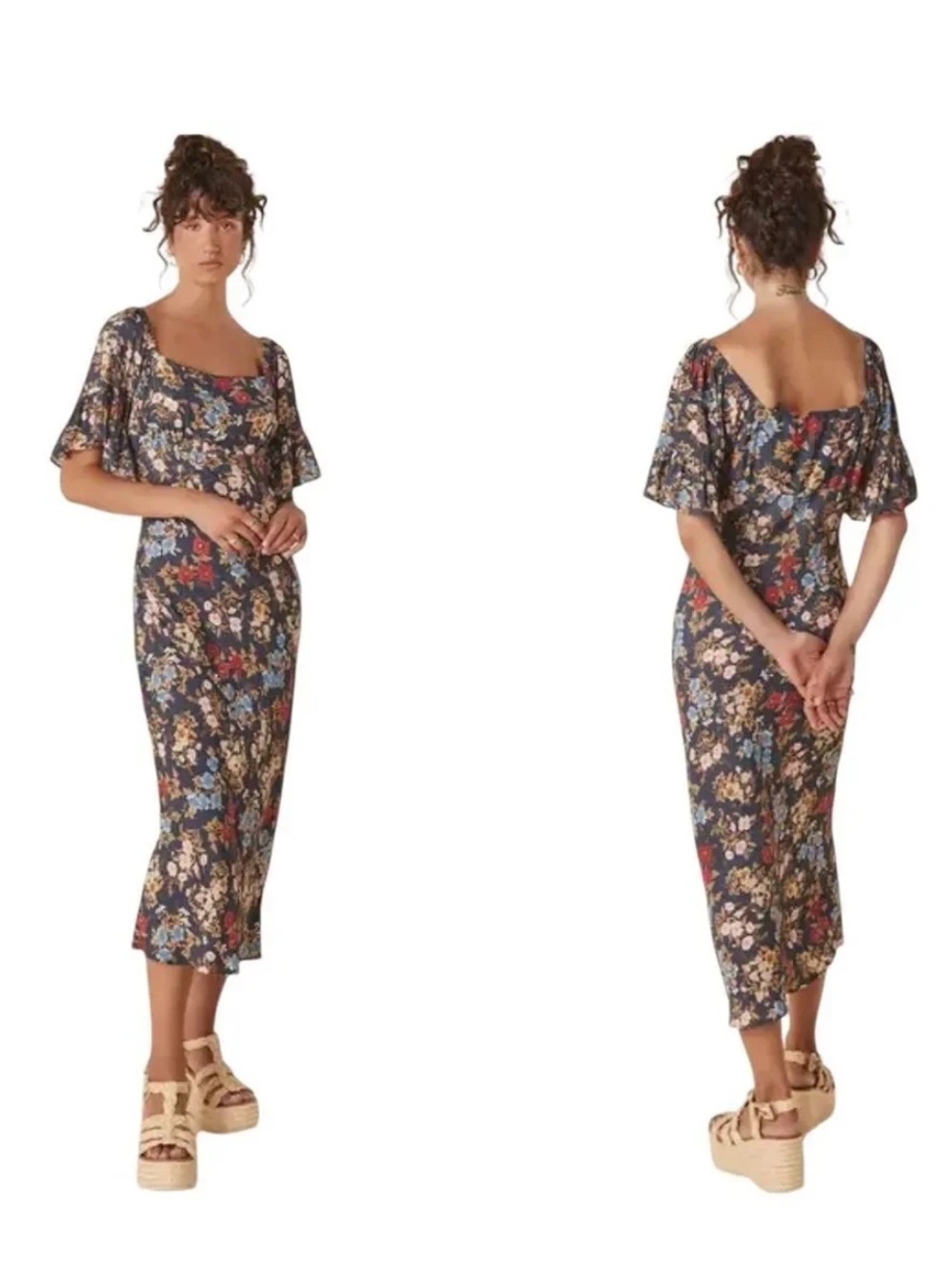 Spell Navy Floral Midi Dress with Flutter Sleeves